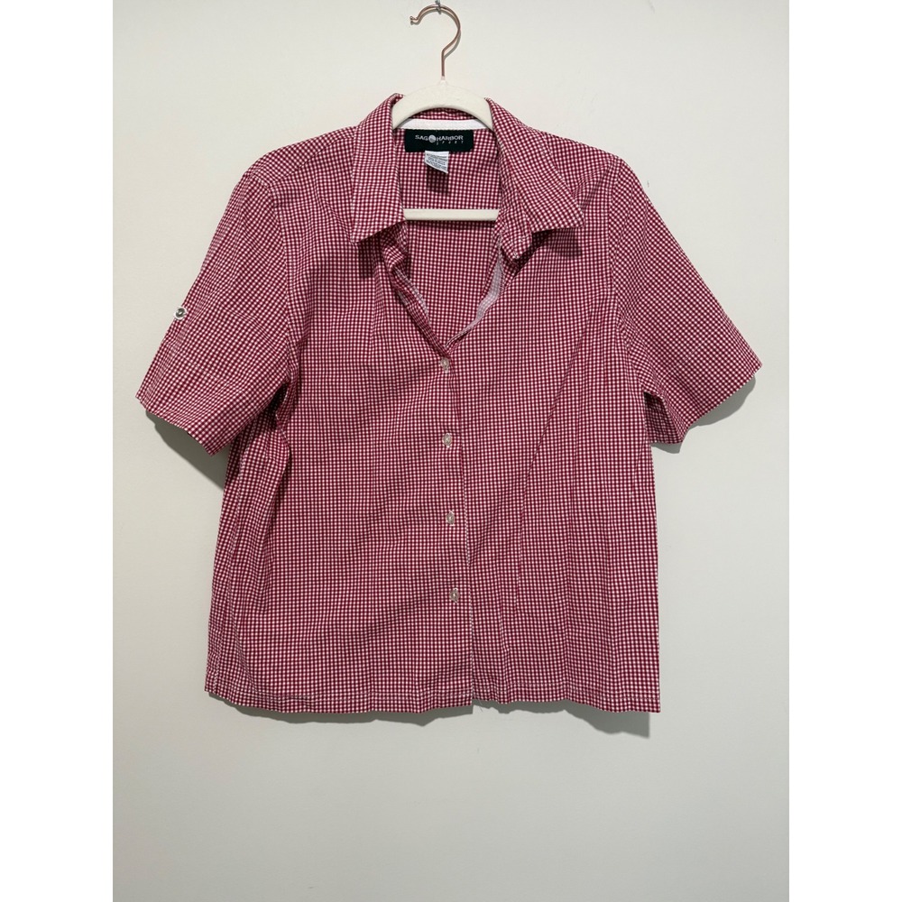 Sag Harbor Sport Red Gingham Short Sleeve Roll Tab Button Down Shirt Large